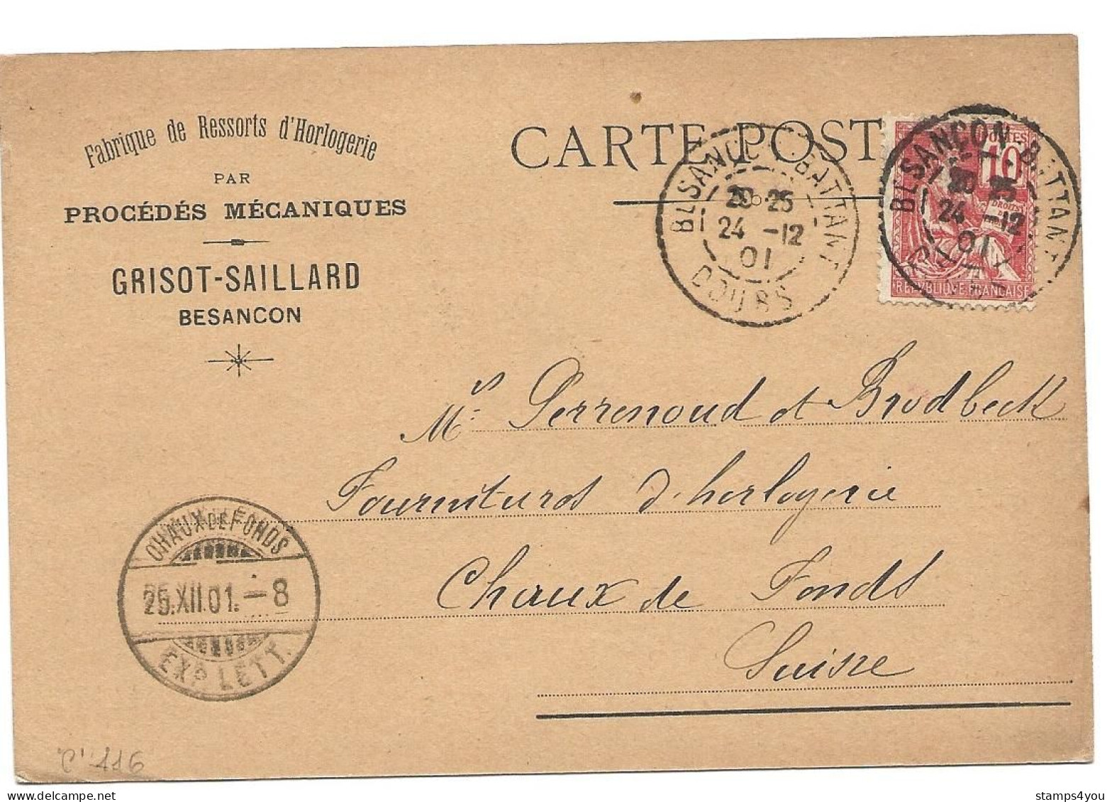 145 - 30 - Carte Fabrique Ressorts D'horlogerie Envoyée De Besançon En Suisse 1901 - Relojería