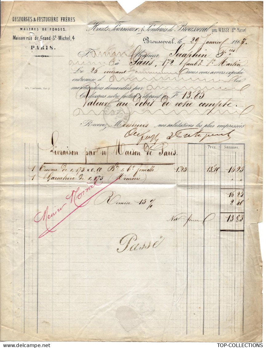 1867 HAUTS FOURNEAUX FONDERIES De Brousseval Desforges  Festugière Fr. Maitres De Forges Pour Seraphin Fr. Paris V.HIST. - 1800 – 1899