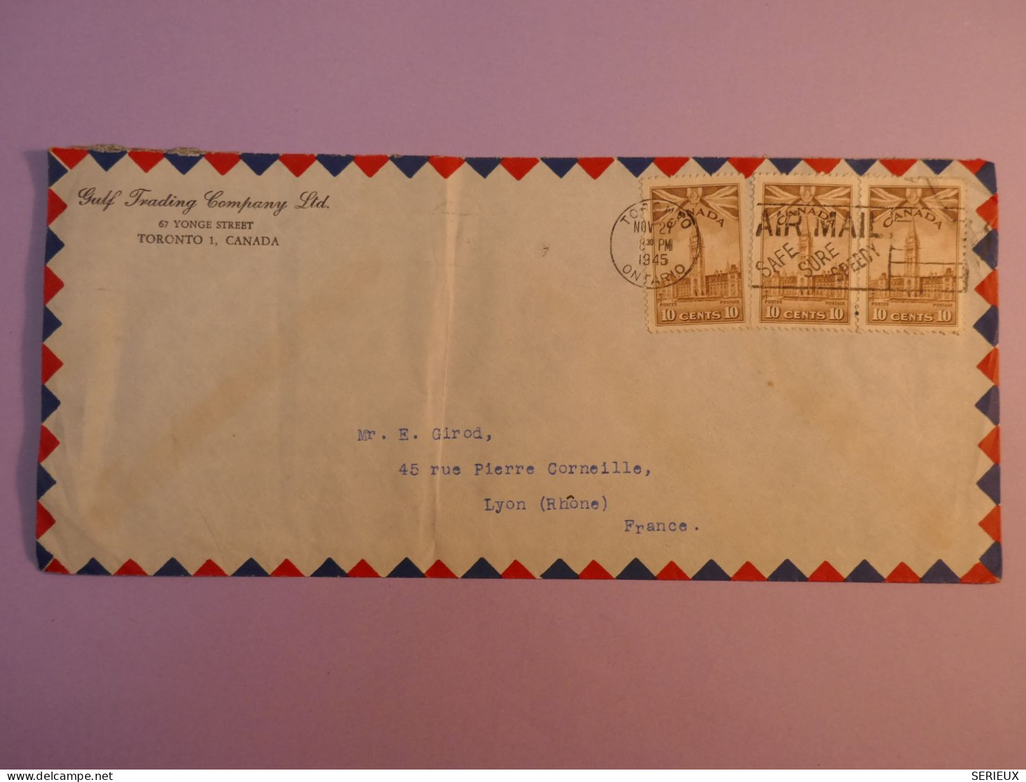 DE6  CANADA BELLE LETTRE PRIVEE   1947   TORONTO A LYON  FRANCE  +  +AFFR. INTERESSANT+++ - Cartas & Documentos