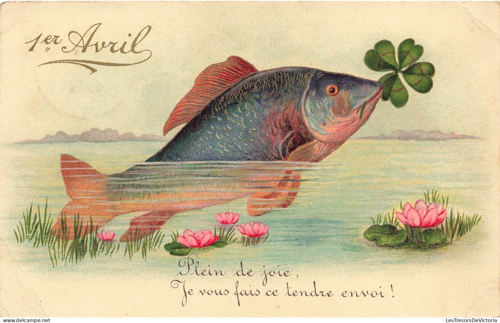 FÊTES ET VOEUX - Poisson D'avril - Un Grand Poisson Avec Une Trèfle Dans La Bouche - Colorisé - Carte Postale Ancienne - 1er Avril - Poisson D'avril