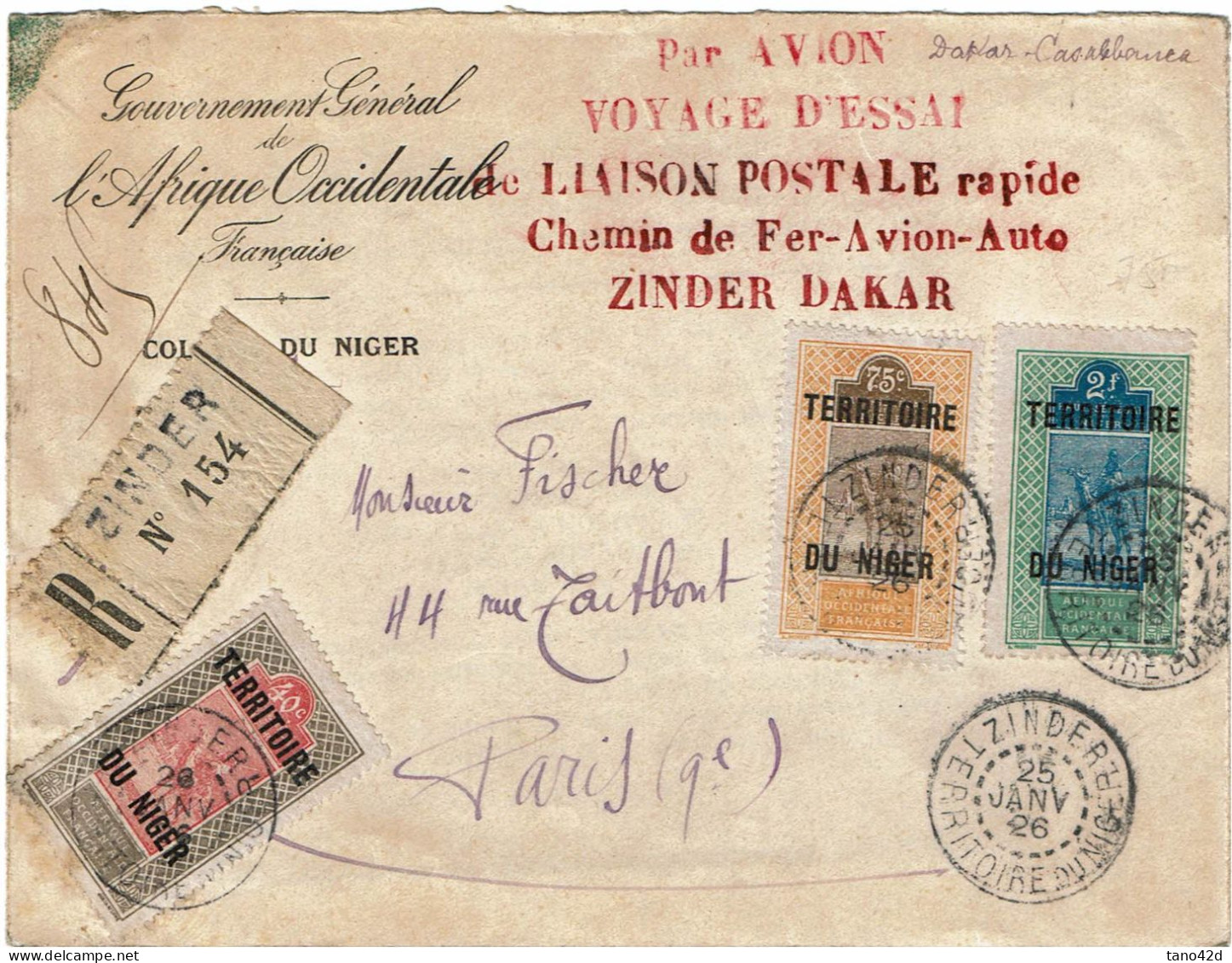 CTN86D - NIGER LETTRE AVION ZINDER / PARIS 25/1/1926 LIAISON POSTALE RAPIDE CHEMIN DE FER - AVION - AUTO ZINDER/DAKAR - Storia Postale