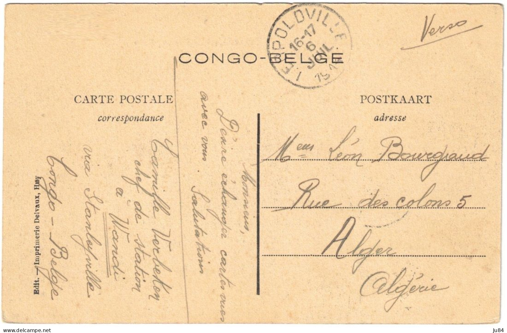 Congo Belge - Stanleyville - Travailleurs à Stanleyville - Carte Du Chef De Station à Wandi Via Stanleyville Pour Alger - Lettres & Documents