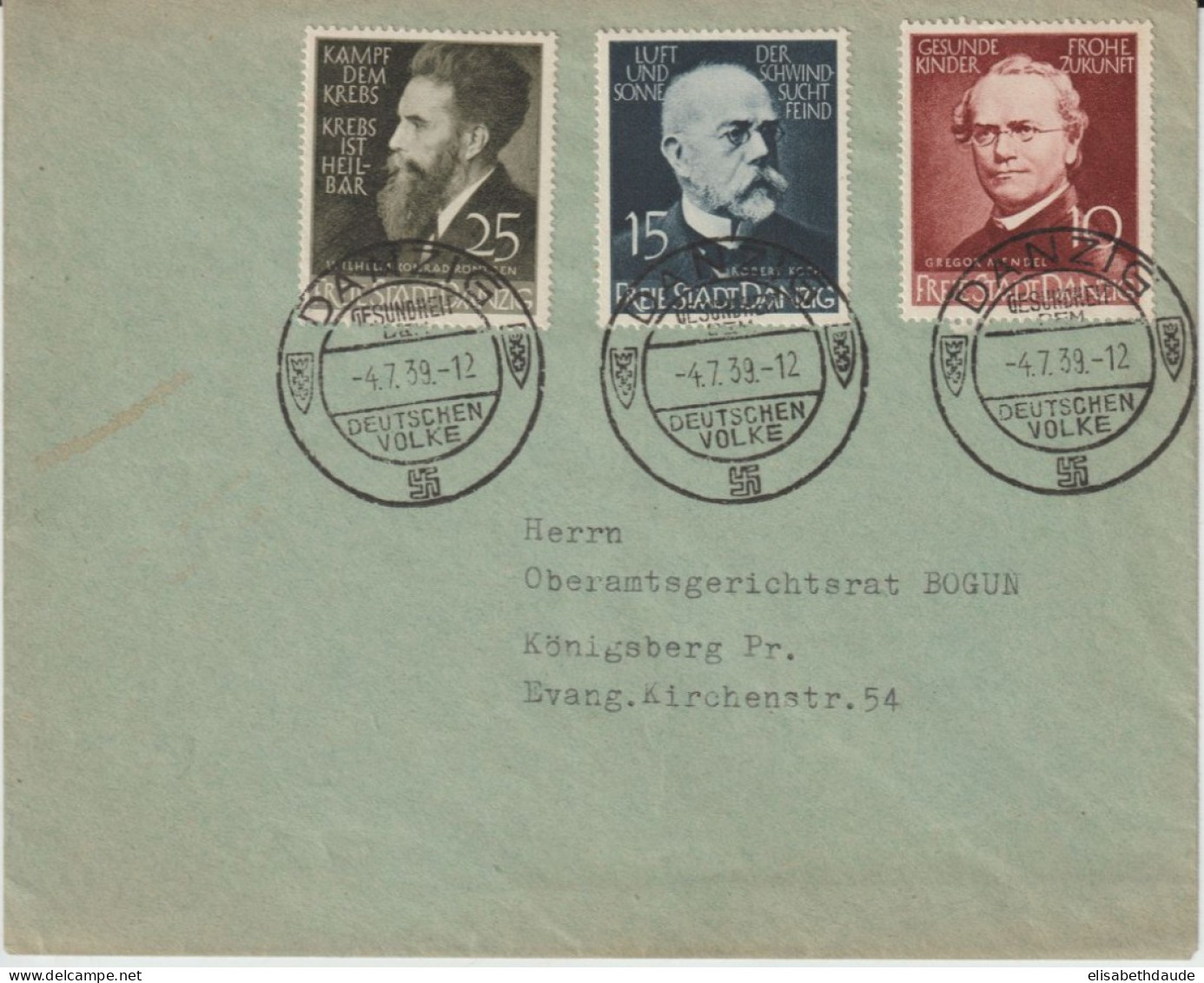 DANZIG - 1939 - SERIE MEDECINS Sur ENVELOPPE OBLITERATION TEMPORAIRE (SONDERSTEMPEL) => KÖNIGSBERG PRUSSE ORIENTALE - Lettres & Documents