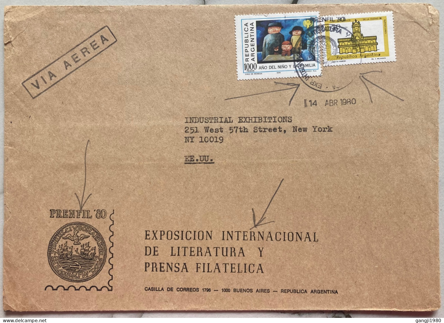 ARGENTINA 1980, COVER USED TO USA, PRENFIN-80, SPECIAL ILLUSTRATED COVER & VIGNETTE LABEL.1979 CHILD YEAR, BUILDING, 2 S - Lettres & Documents