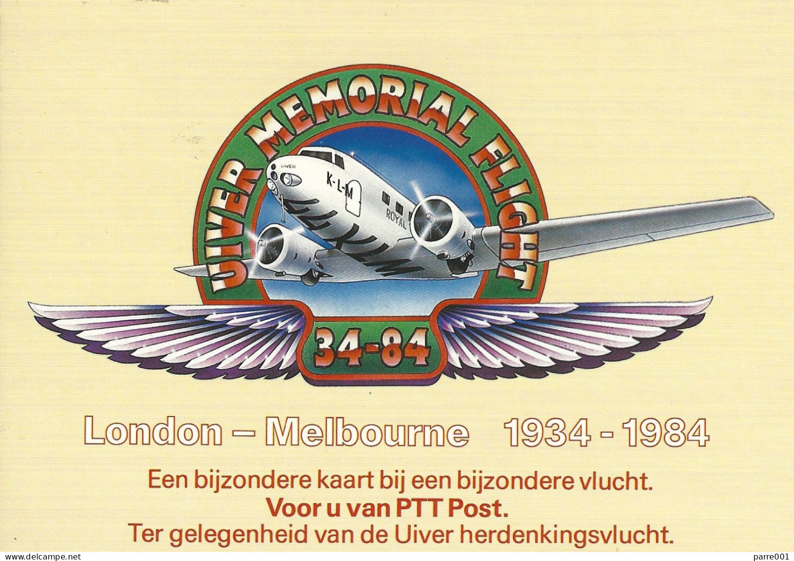Netherlands-Australia 1984 Amsterdam Melbourne KLM Uiver Memorial Flight Card - Poste Aérienne