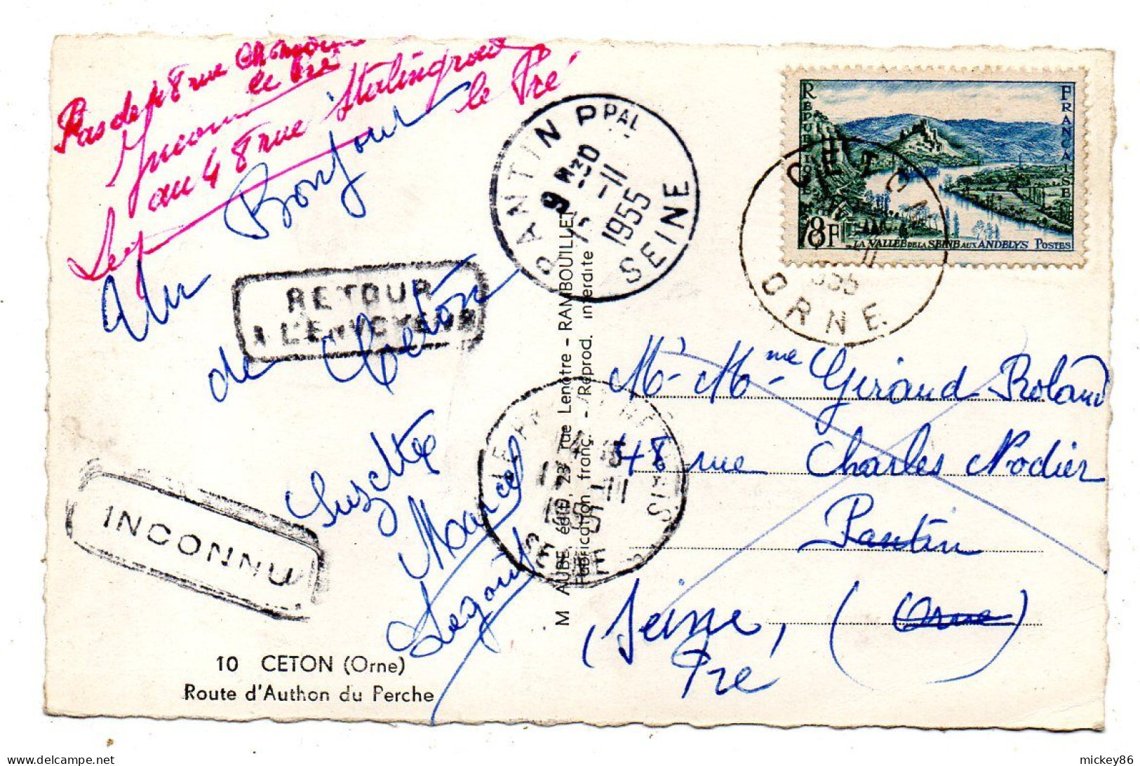 CETON--1955-- Route D'Authon Du Perche (voiture Renault 4cv ) ....cachets  --griffe RETOUR ENVOYEUR + INCONNU - Other & Unclassified