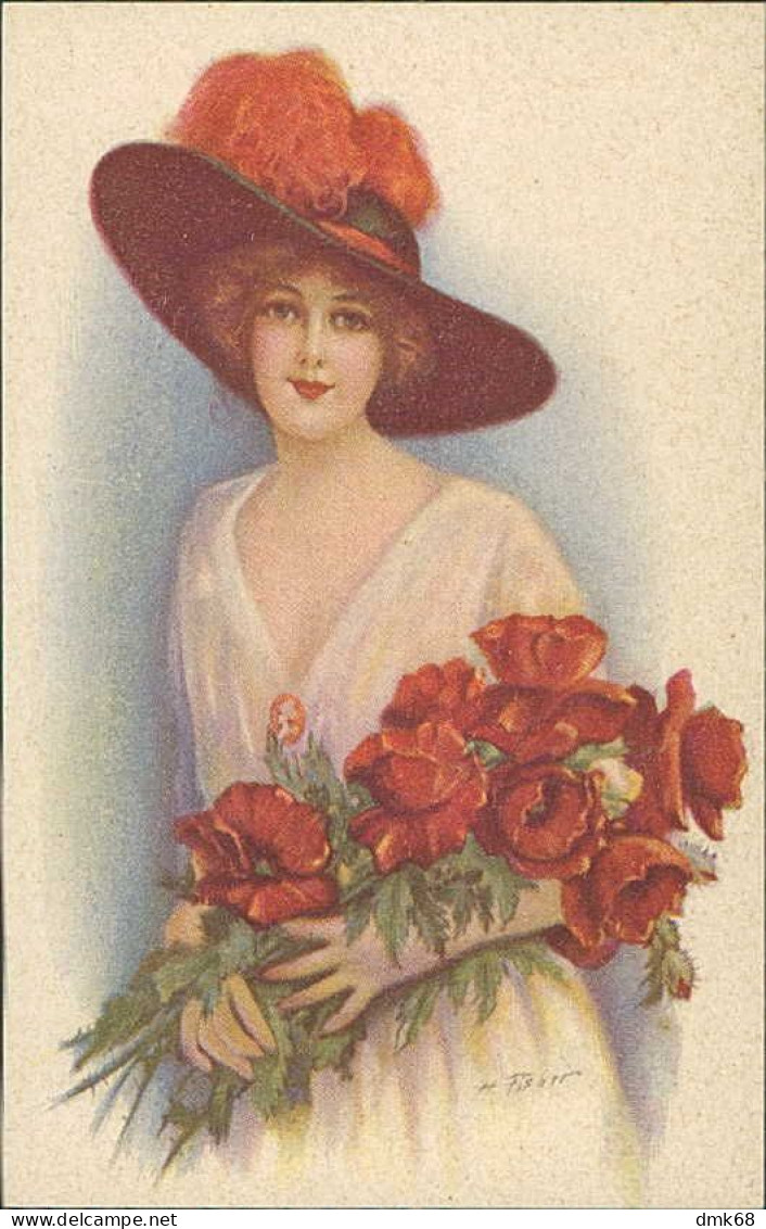 H. FISHER SIGNED 1910s POSTCARDS ( 6 )  - WOMAN & FLOWERS - SERIES 326 (4961) - Fisher, Harrison