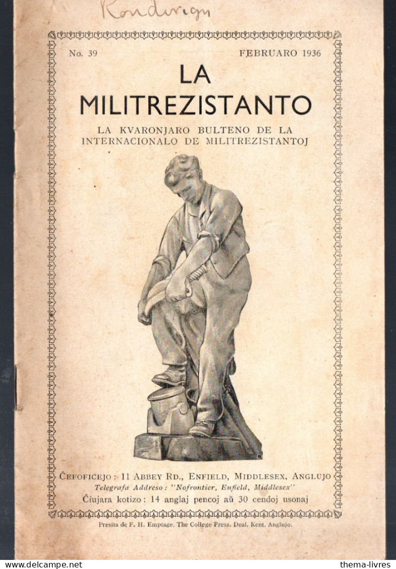 (esperanto)  LA MILITREZISTANTO   N°39 Feb 1936  (M6042) - Other & Unclassified