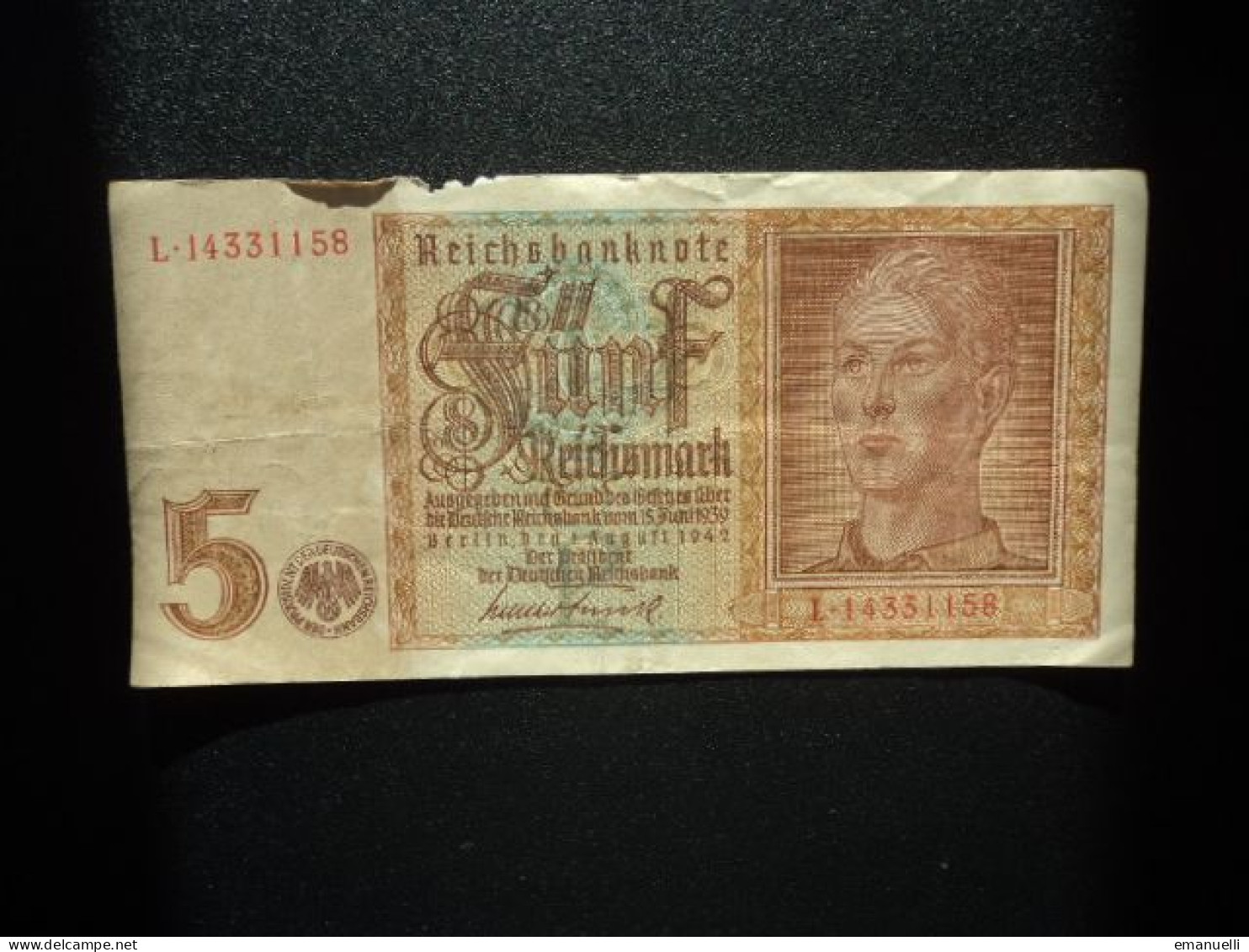 ALLEMAGNE : 5 REICHSMARK  1.8.1942  C.A. 179b, *  / P 186a ** B+ *** (photographies Par " Nuit Et Brouillard " ) - 5 Reichsmark