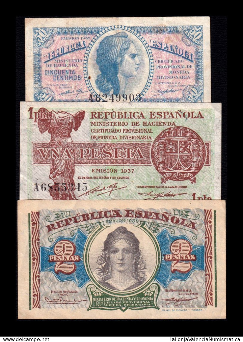 España Spain Set 50 Céntimos 1 2 Pesetas 1937 1938 Pick 93 94 95 Mbc+/Sc- Vf+/aUnc - [ 5] Emissions Ministère Des Finances