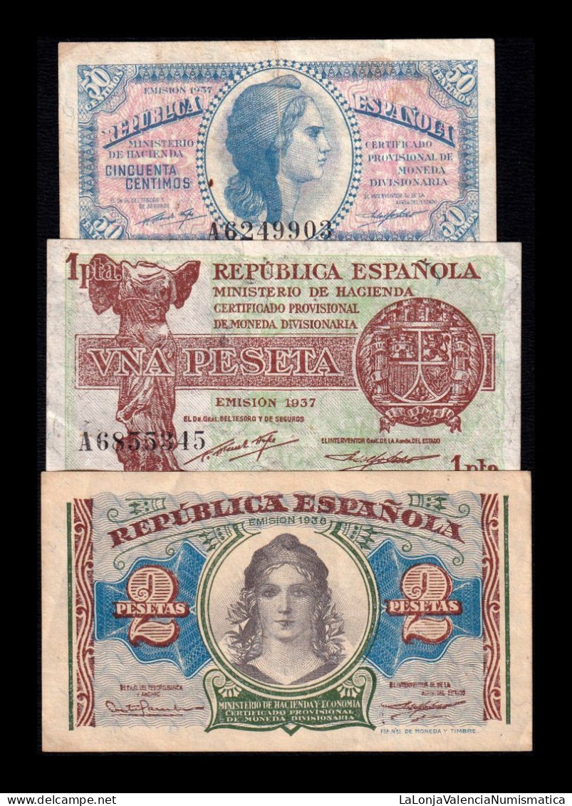 España Spain Set 50 Céntimos 1 2 Pesetas 1937 1938 Pick 93 94 95 Mbc+/Sc- Vf+/aUnc - [ 5] Department Of Finance Issues