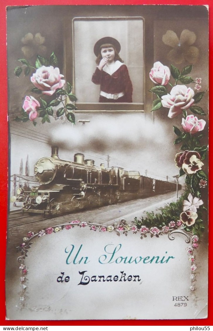 Cpa LANAEKEN Anime UN SOUVENIR Train Medaillon Fillette Fleurs Tampon - Lanaken