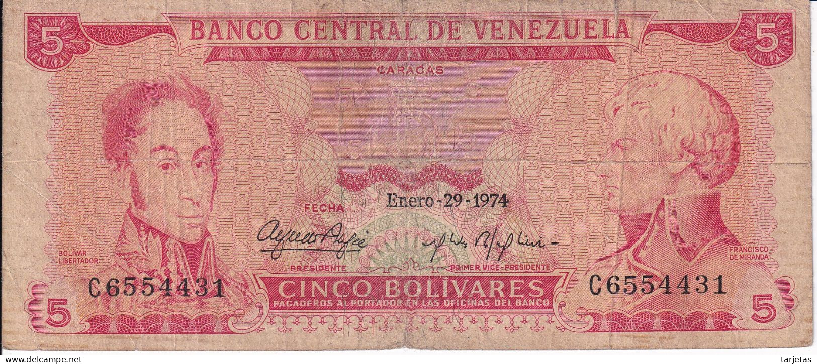 BILLETE DE VENEZUELA DE 5 BOLIVARES DEL AÑO 1974  (BANK NOTE) - Venezuela