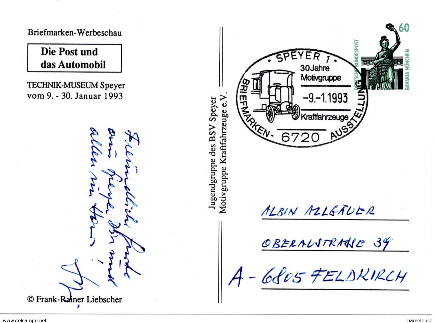 60358 - Bund - 1993 - 60Pfg PGAKte SWK "Post & Automobil" SoStpl SPEYER - ... MOTIVGRUPPE KRAFTFAHRZEUGE -> Österreich - Autos