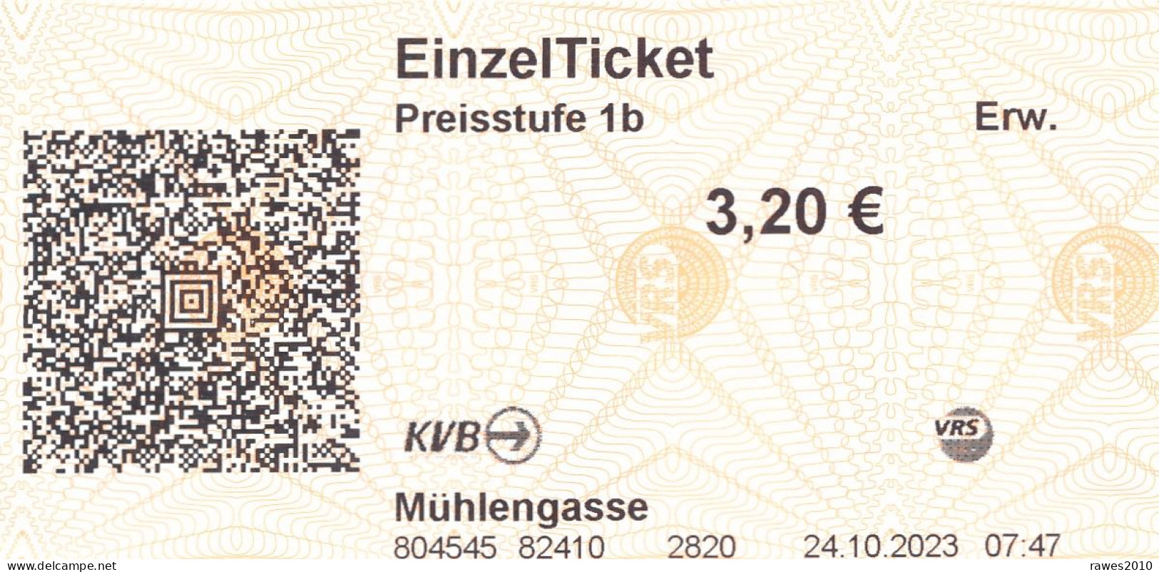 BRD Köln / Frechen EinzelTicket Preisstufe 1b 3,20 € Strassenbahn 2023 KVB Mühlengasse - Europe