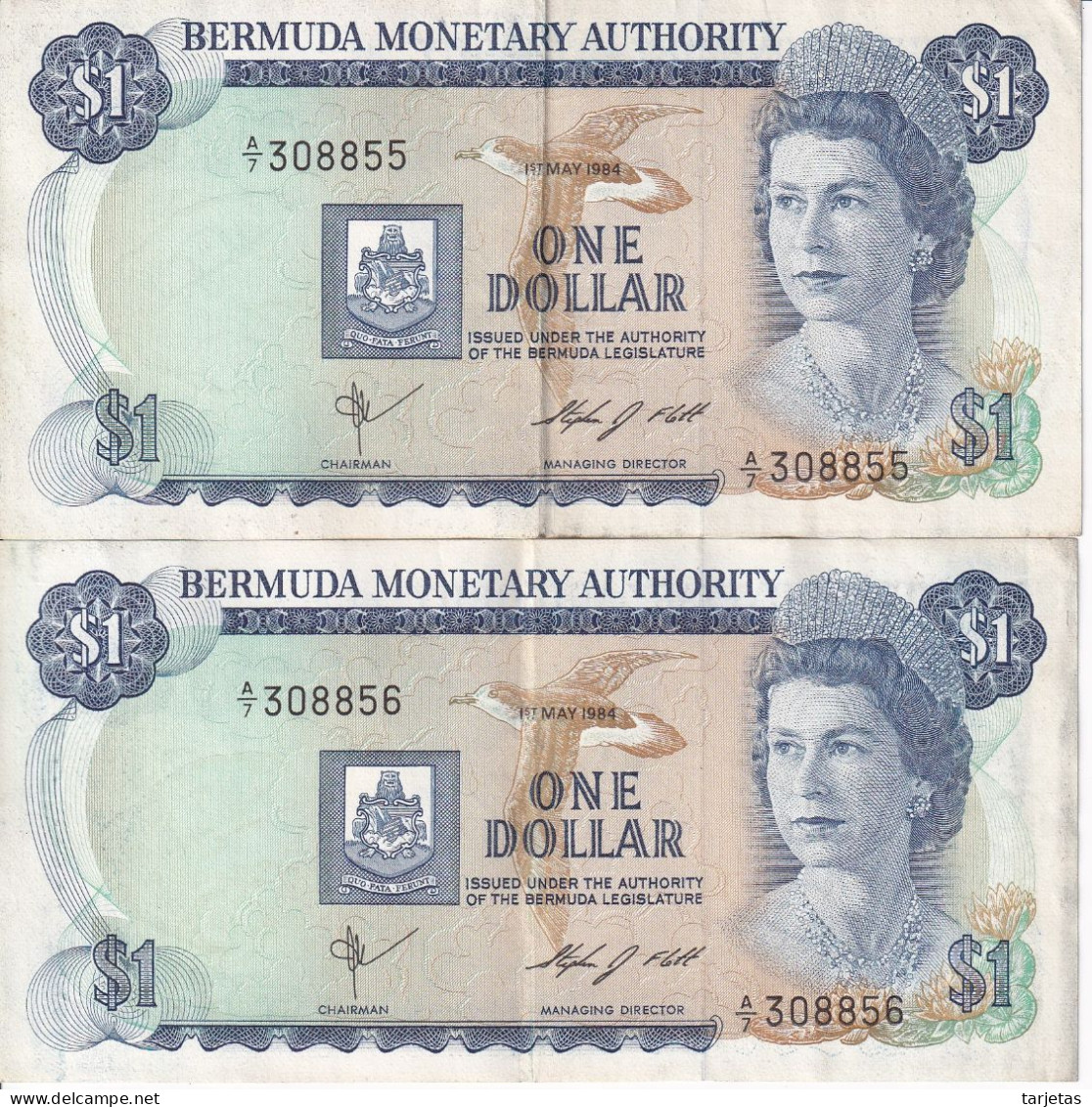 PAREJA CORRELATIVA DE BERMUDA DE 1 DOLLAR DEL AÑO 1984 (BANKNOTE) - Bermude