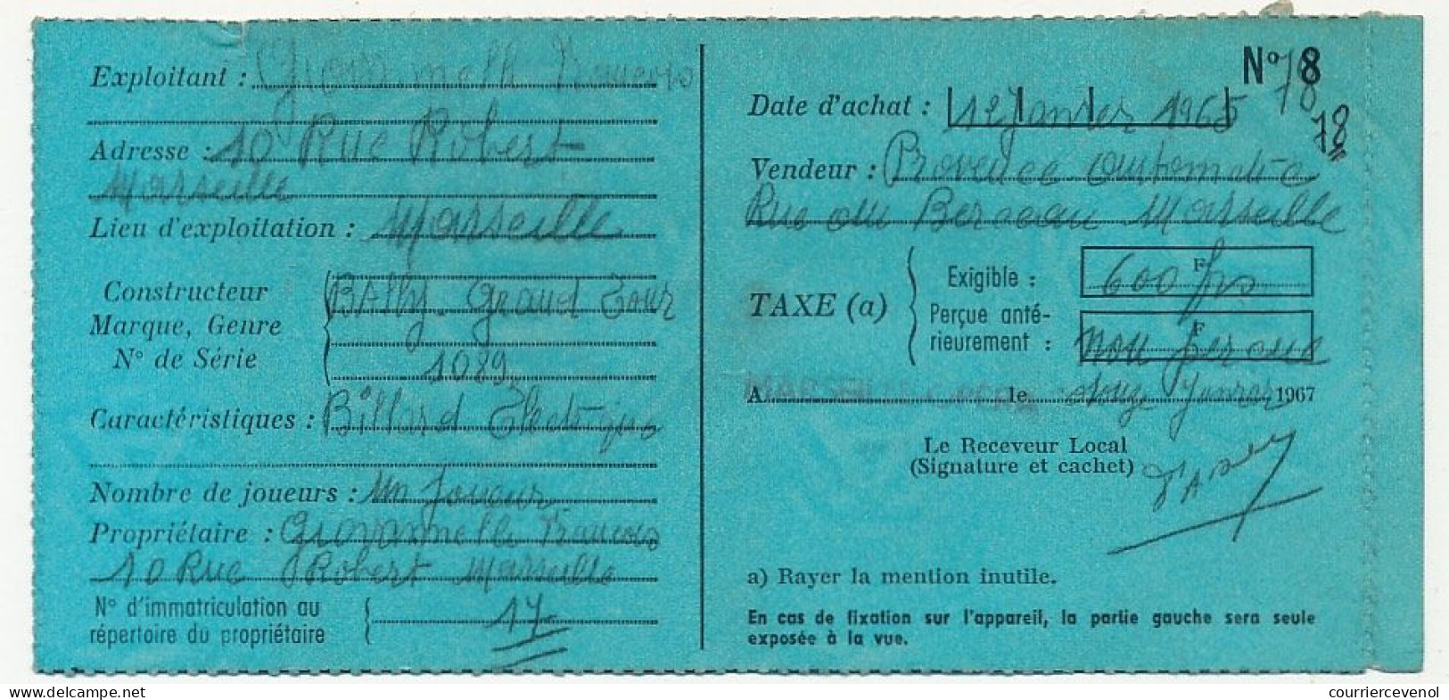 Taxe Sur Les Appareils Automatiques, Année 1967 - (Billard électrique) - Marseille - Sonstige & Ohne Zuordnung
