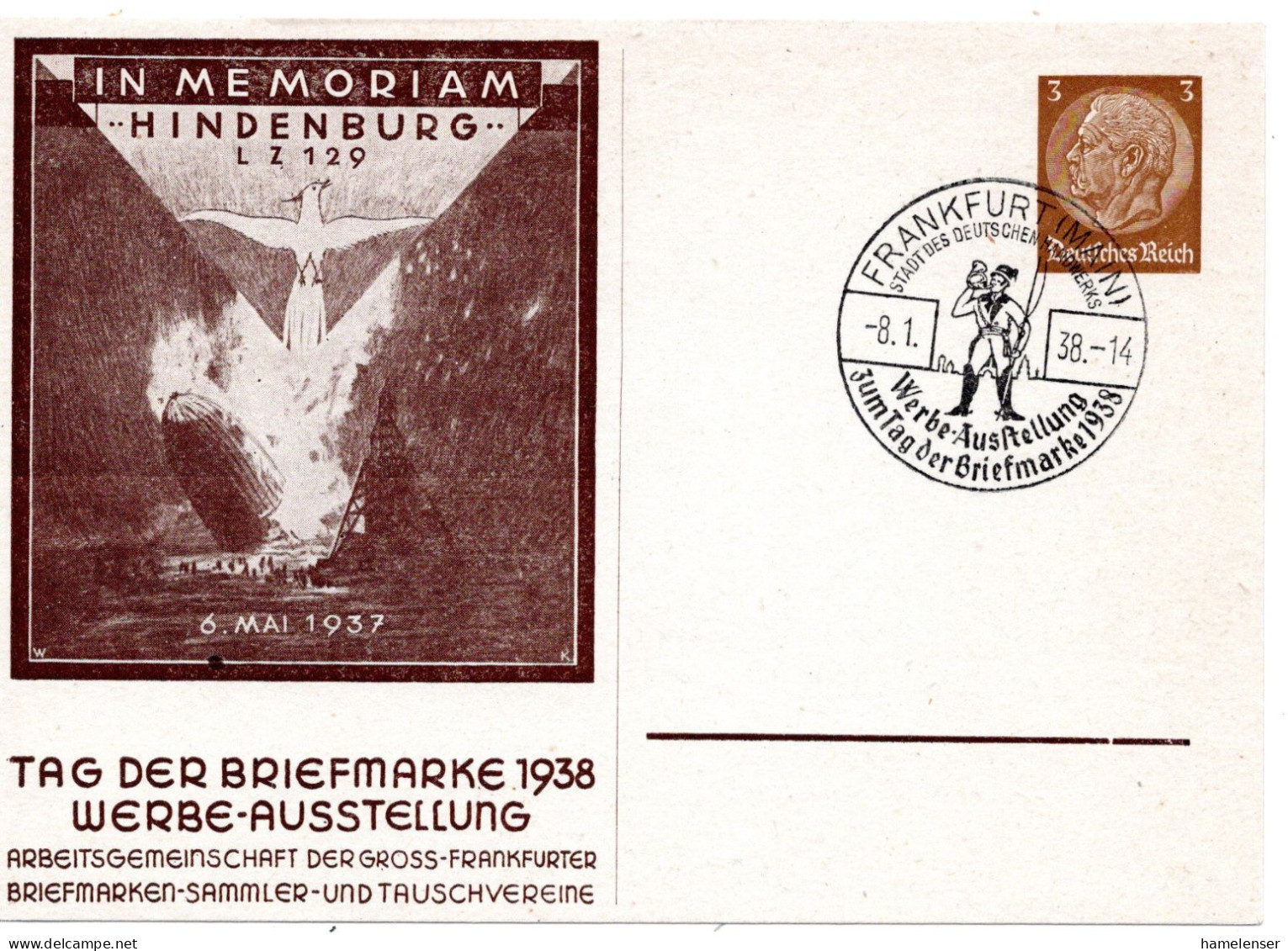 60369 - Deutsches Reich - 1938 - 3Pfg Hindenburg "LZ129" PGAKte SoStpl FRANKFURT - WERBEAUSSTELLUNG TAG DER BRIEFMARKE - Zeppelines