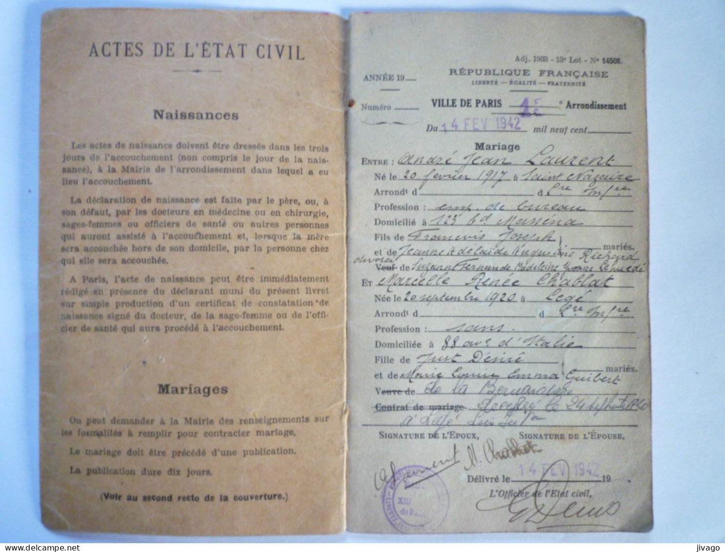 2023 - 2678  LIVRET De FAMILLE  De André Jean  LAURENT  Né Le 20 FEV 1917 à  SAINT-NAZAIRE   XXX - Non Classificati