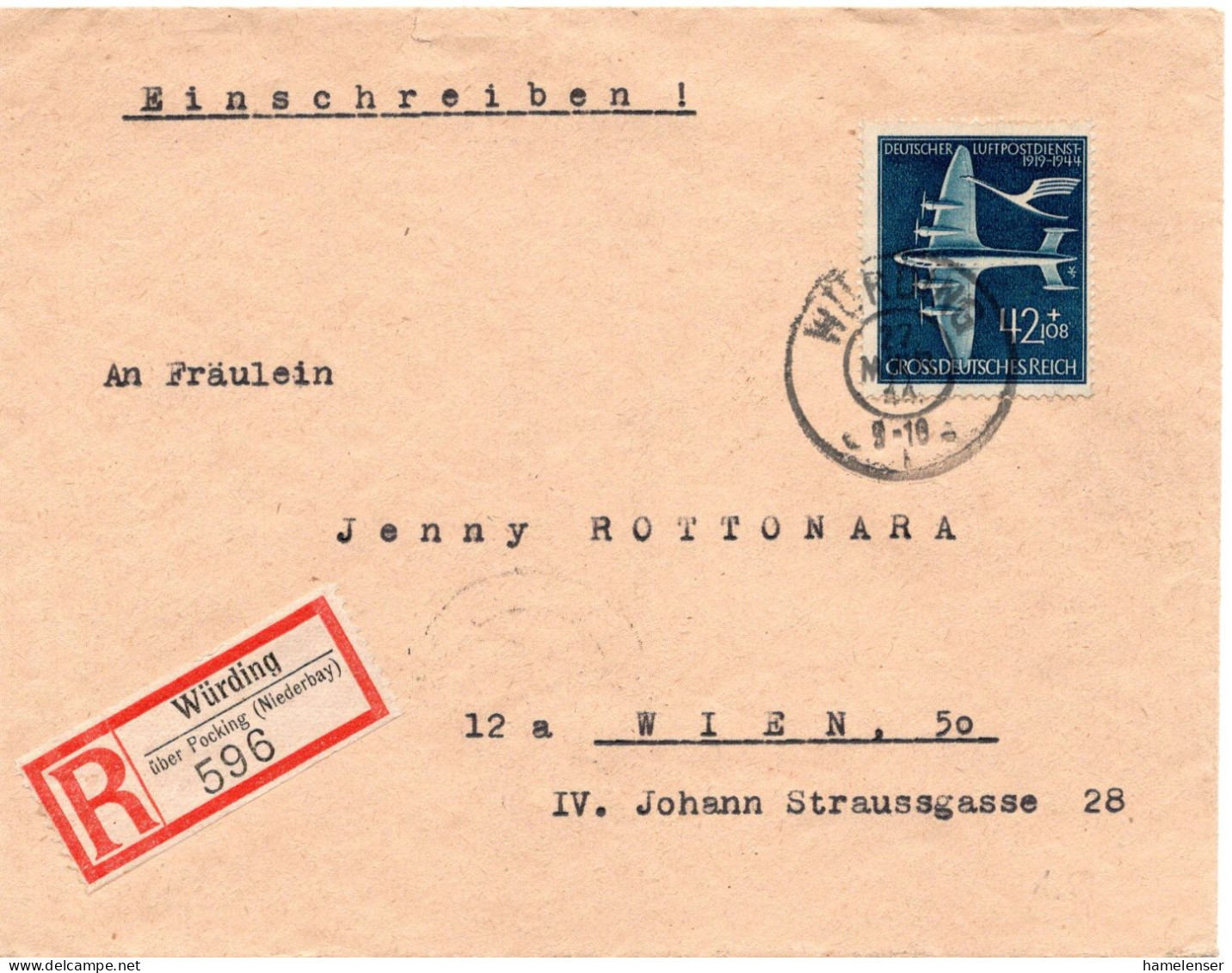 60370 - Deutsches Reich - 1944 - 42Pfg Lufthansa EF A R-Bf WUERDING -> WIEN - Aerei