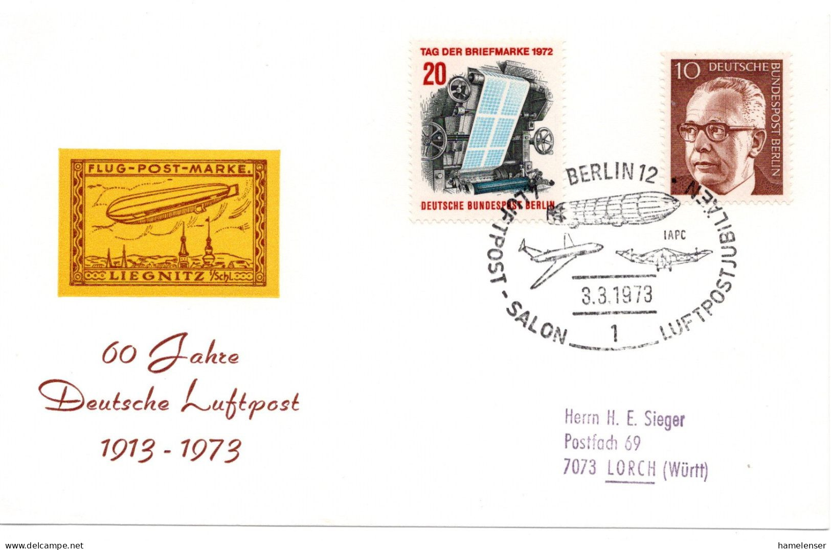 60374 - Berlin - 1973 - 20Pfg Tag Der Briefmarke MiF A Bf SoStpl BERLIN - LUFTPOST-SALON ... -> Lorch - Zeppelines