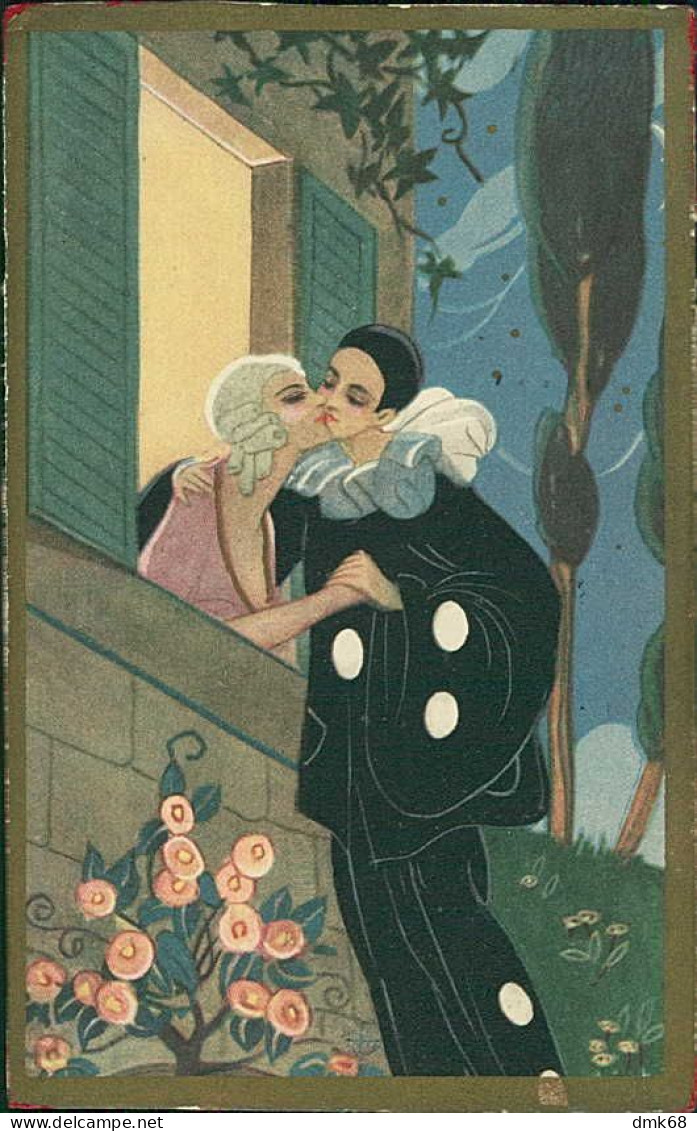 CHIOSTRI SIGNED 1920s POSTCARD - PIERROT KISSING WOMAN & FLOWERS - EDIT BALLERINI & FRATINI - N.212 (4964) - Chiostri, Carlo