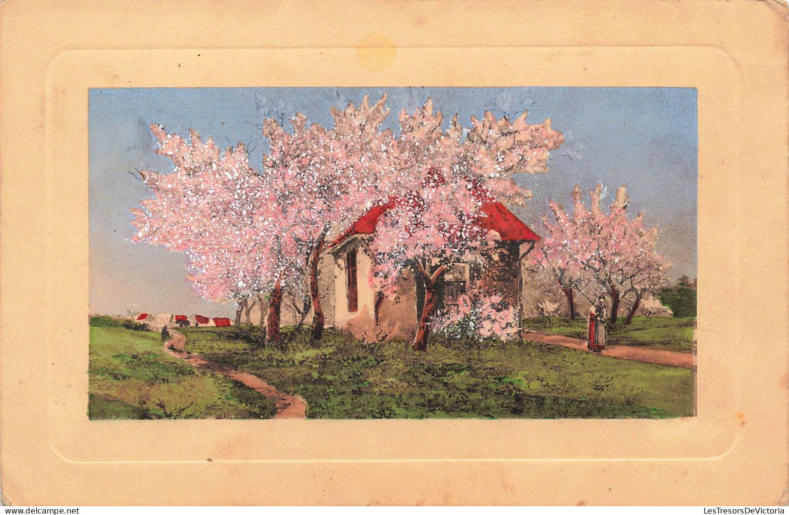 ARTS - Tableau - Une Maison Sur La Colline- Cerisiers En Fleurs - Carte Postale Ancienne - Pintura & Cuadros
