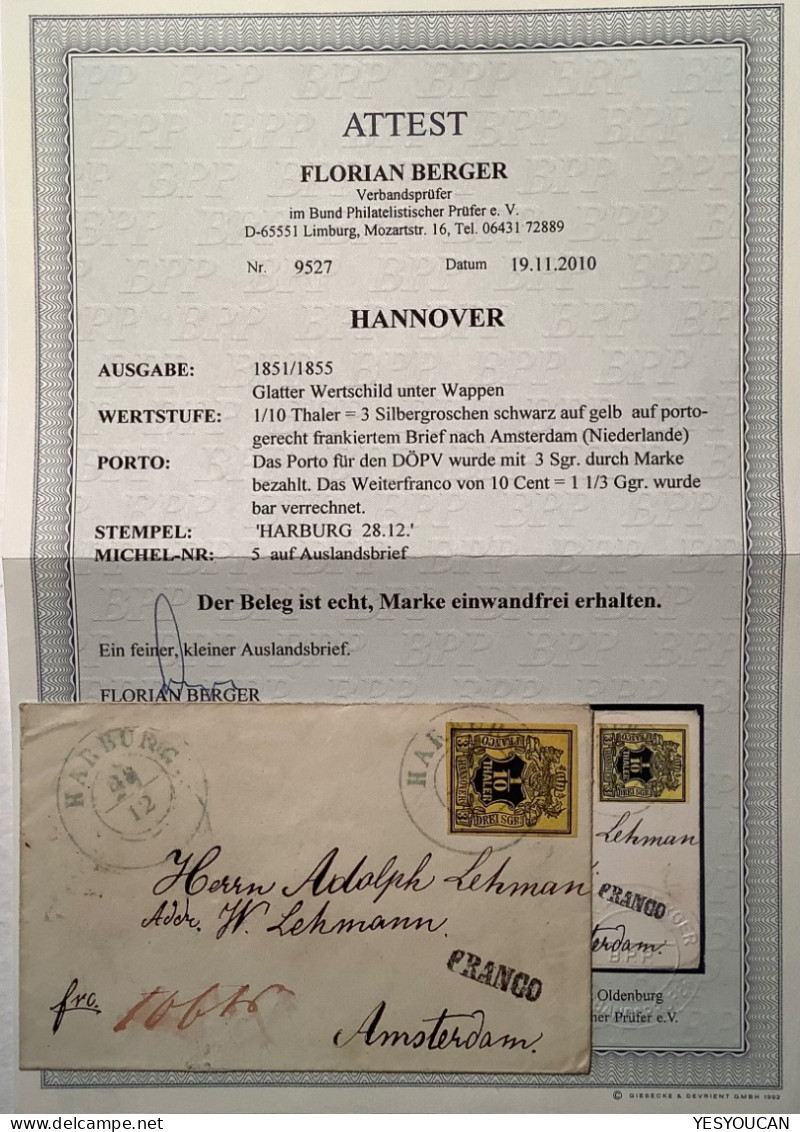 HARBURG 1851 3 Sgr Geteiltes-Franco LUXUS Brief>Amsterdam Niederlande. Hannover Mi.5 FA BPP (Netherlands Incoming Mail - Hanovre