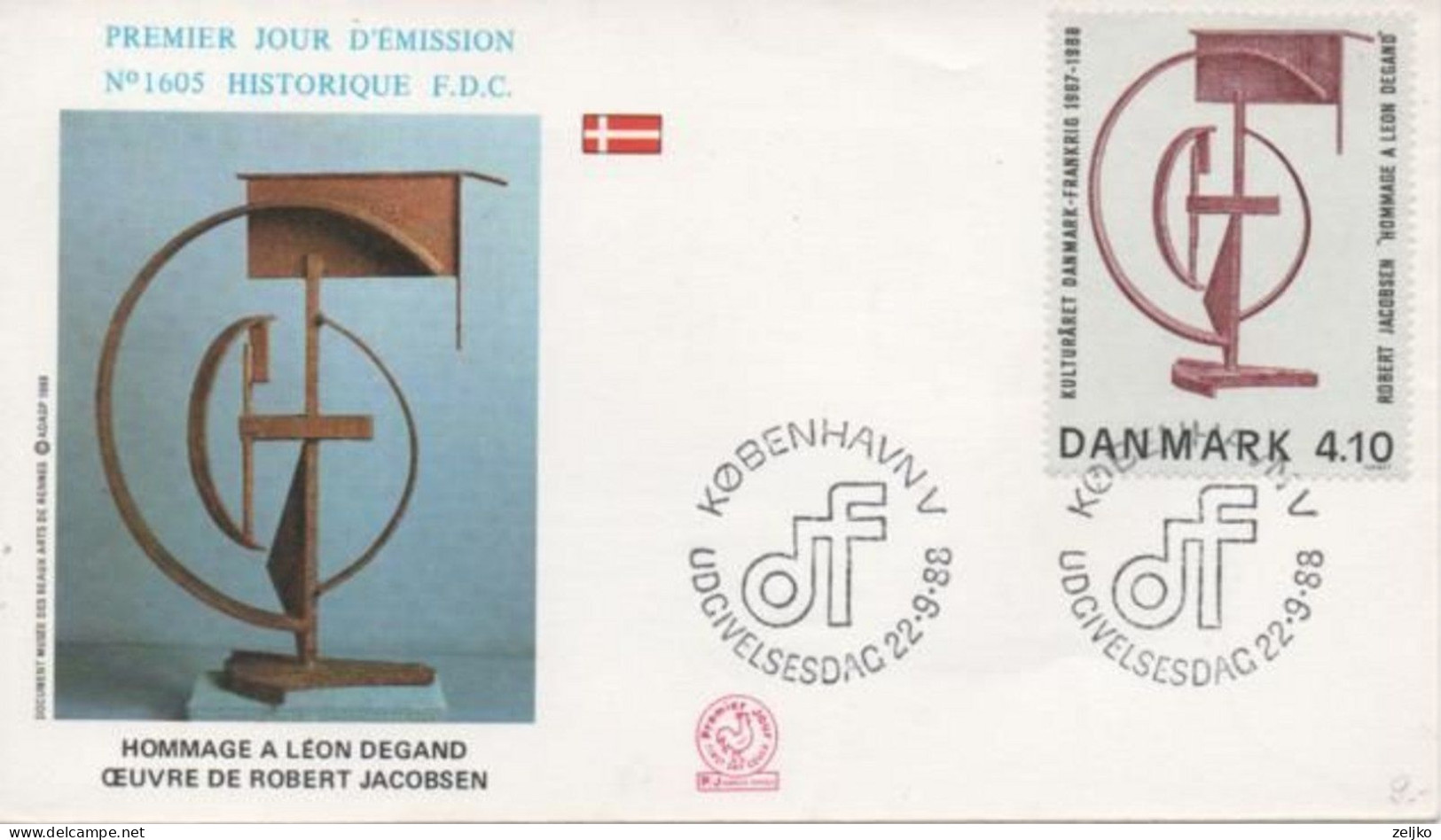 Denmark 1988, Degand, Jacobsen, Michel 928, FDC - Storia Postale