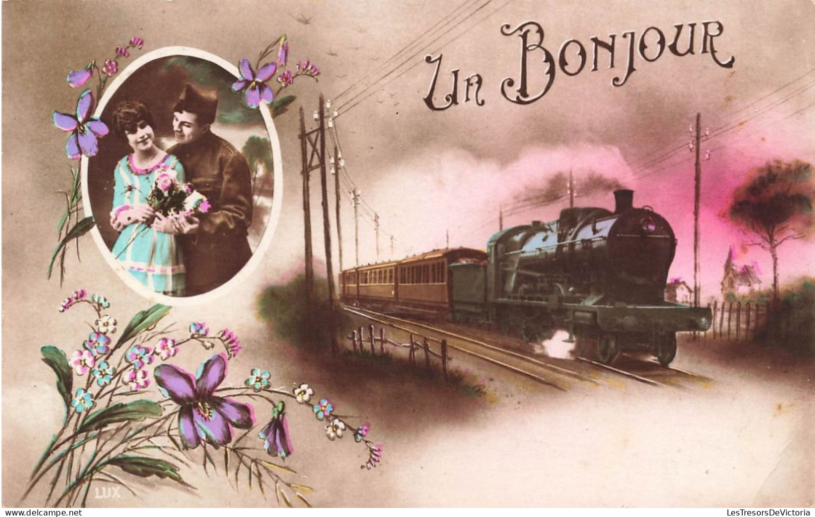 COUPLES - Un Bonjour - Locomotive - Colorisé - Carte Postale Ancienne - Couples