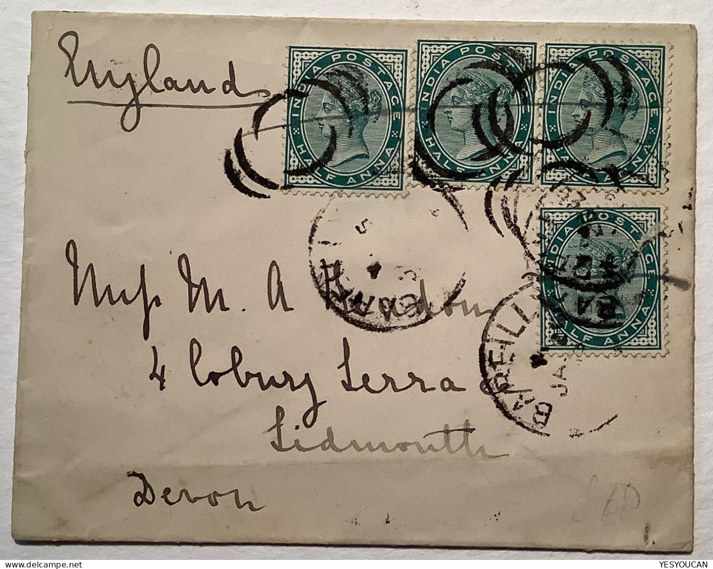 India 1893 RARE ESSAY POSTMARK BAREILLY (Uttar Pradesh) Queen Victoria Cover>Sidmouth Devon GB (Inde Lettre - 1882-1901 Imperium