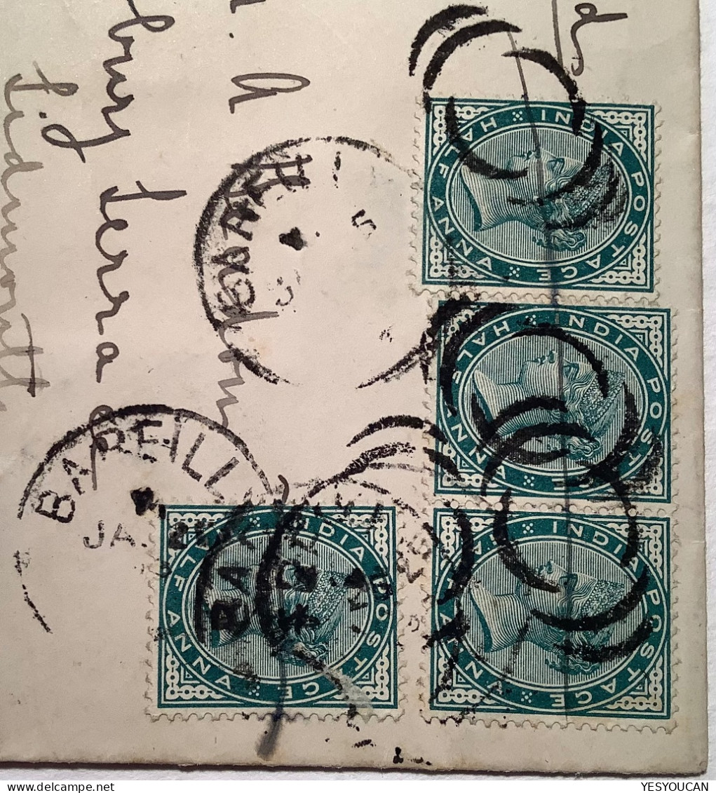 India 1893 RARE ESSAY POSTMARK BAREILLY (Uttar Pradesh) Queen Victoria Cover>Sidmouth Devon GB (Inde Lettre - 1882-1901 Empire