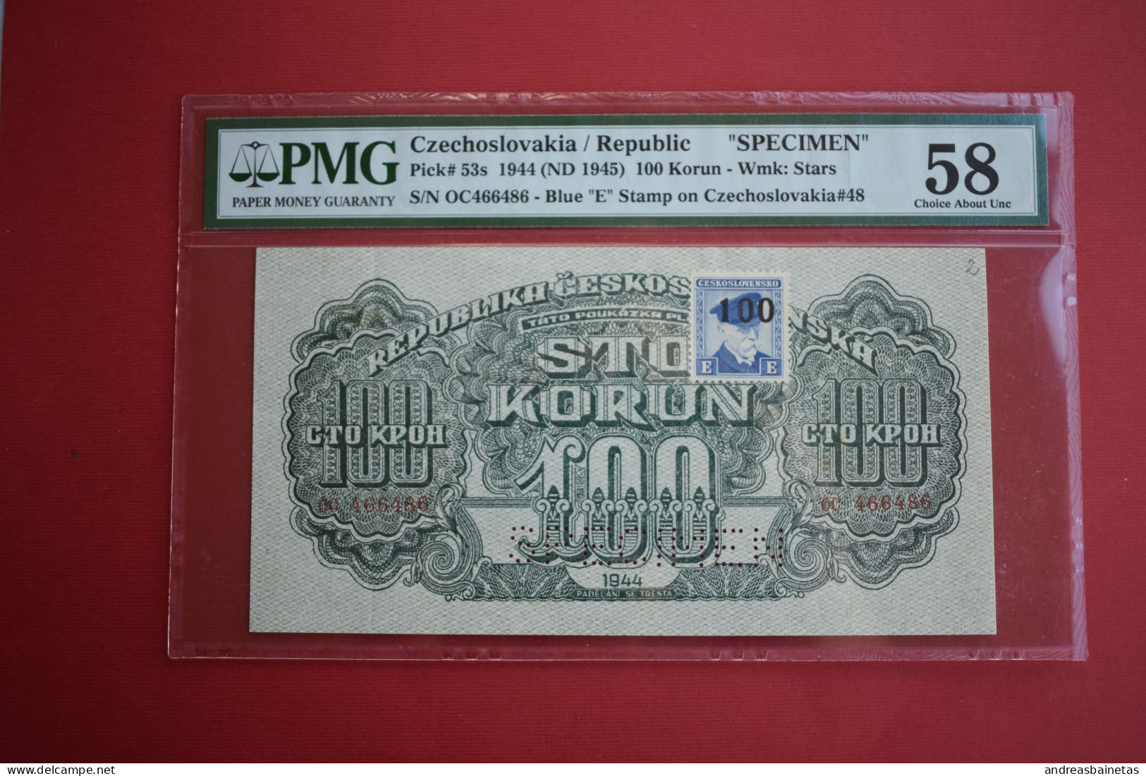 Banknotes Czechoslovakia  100 Korun 1945 PMG 58 Pick#53s SPECIMEN - Tschechoslowakei