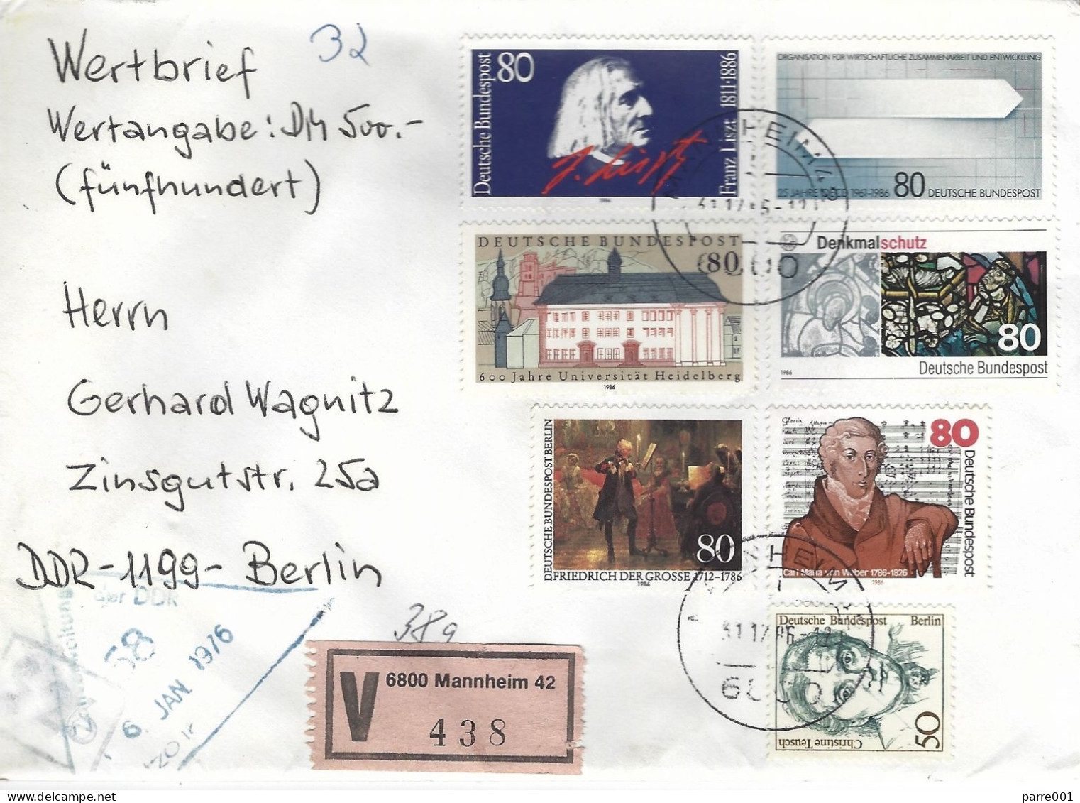 Deutschland Germany 1986 Mannheim Liszt Wertbrief Value Declared Customs Berlin DDR Cover Bahnpost Amt Seal - R- & V- Labels