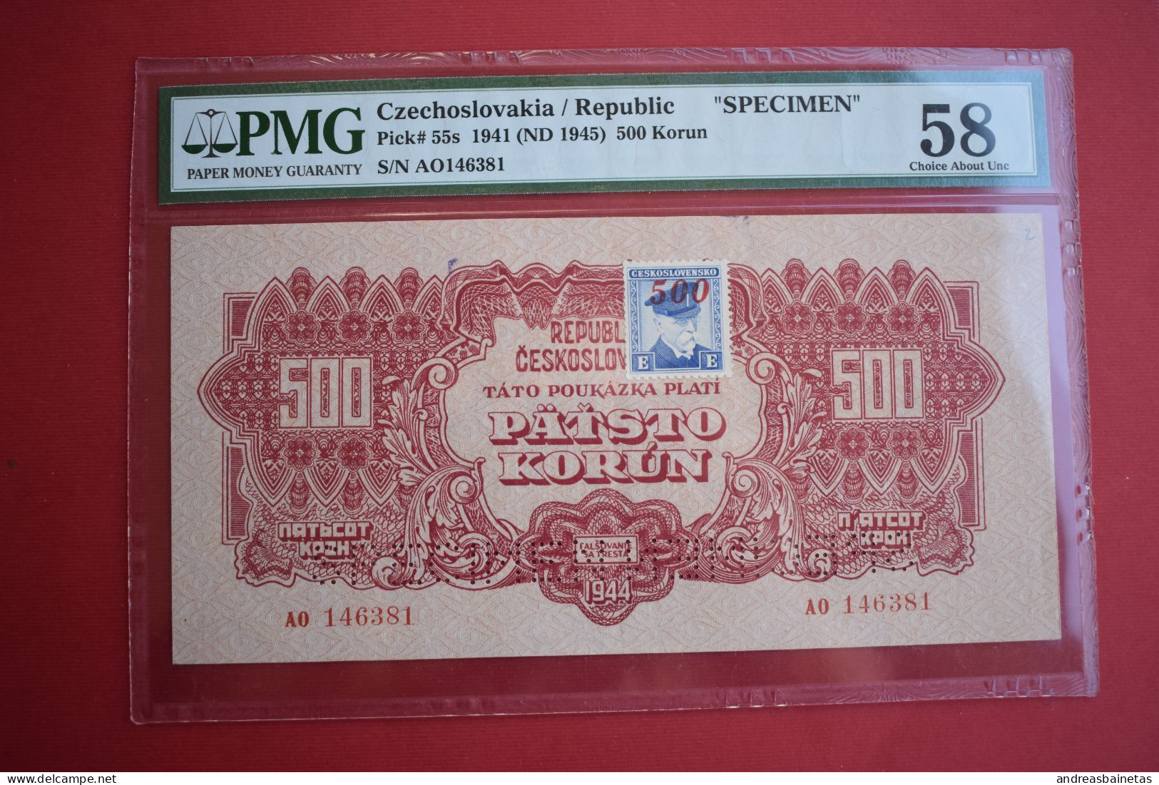Banknotes Czechoslovakia  500 Korun 1944 PMG 58 Pick#49s SPECIMEN - Tsjechoslowakije