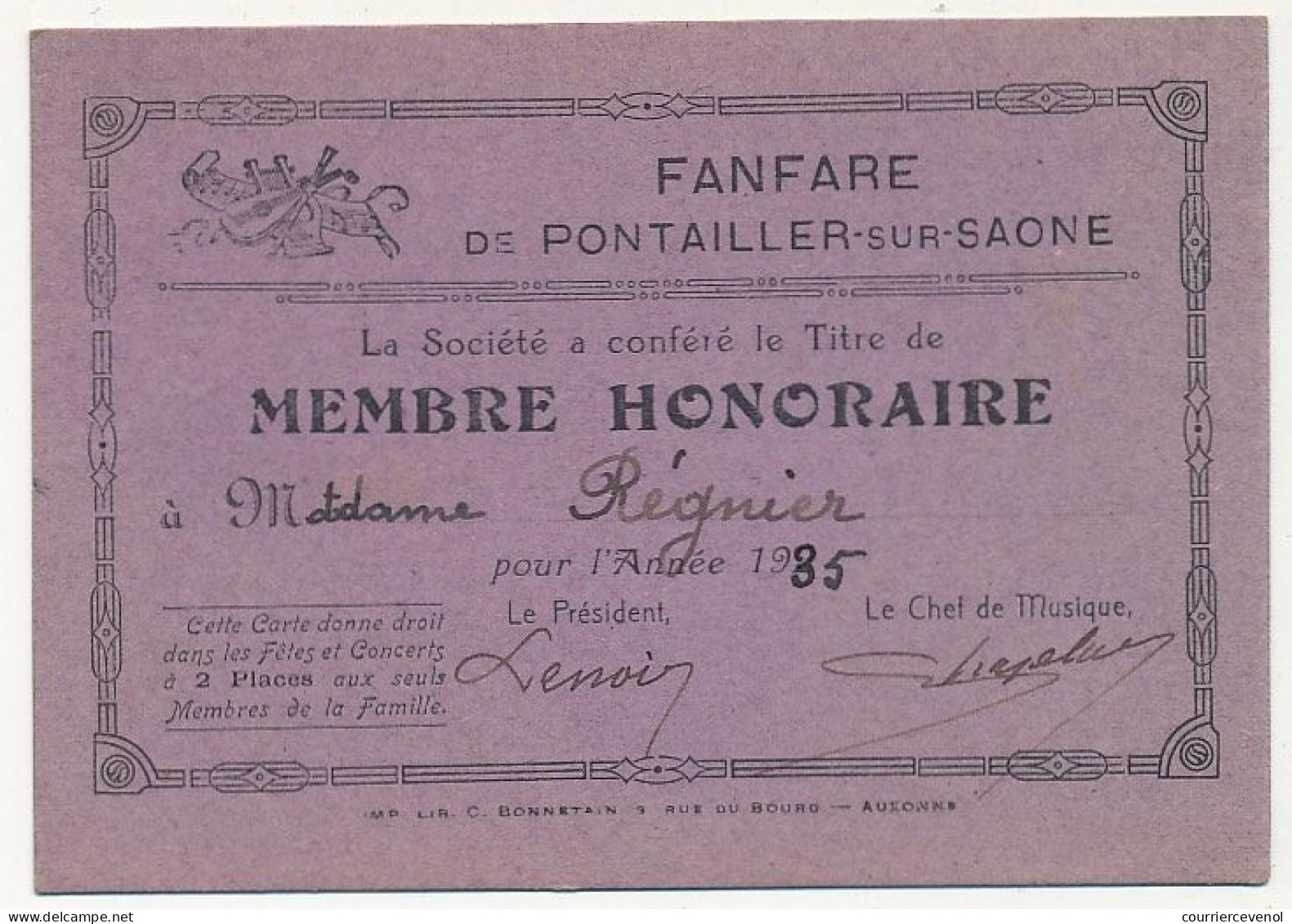 FRANCE - Carte De Membre Honoraire - Fanfare De Pontailler-sur-Saône - 1985 - Cartes De Membre