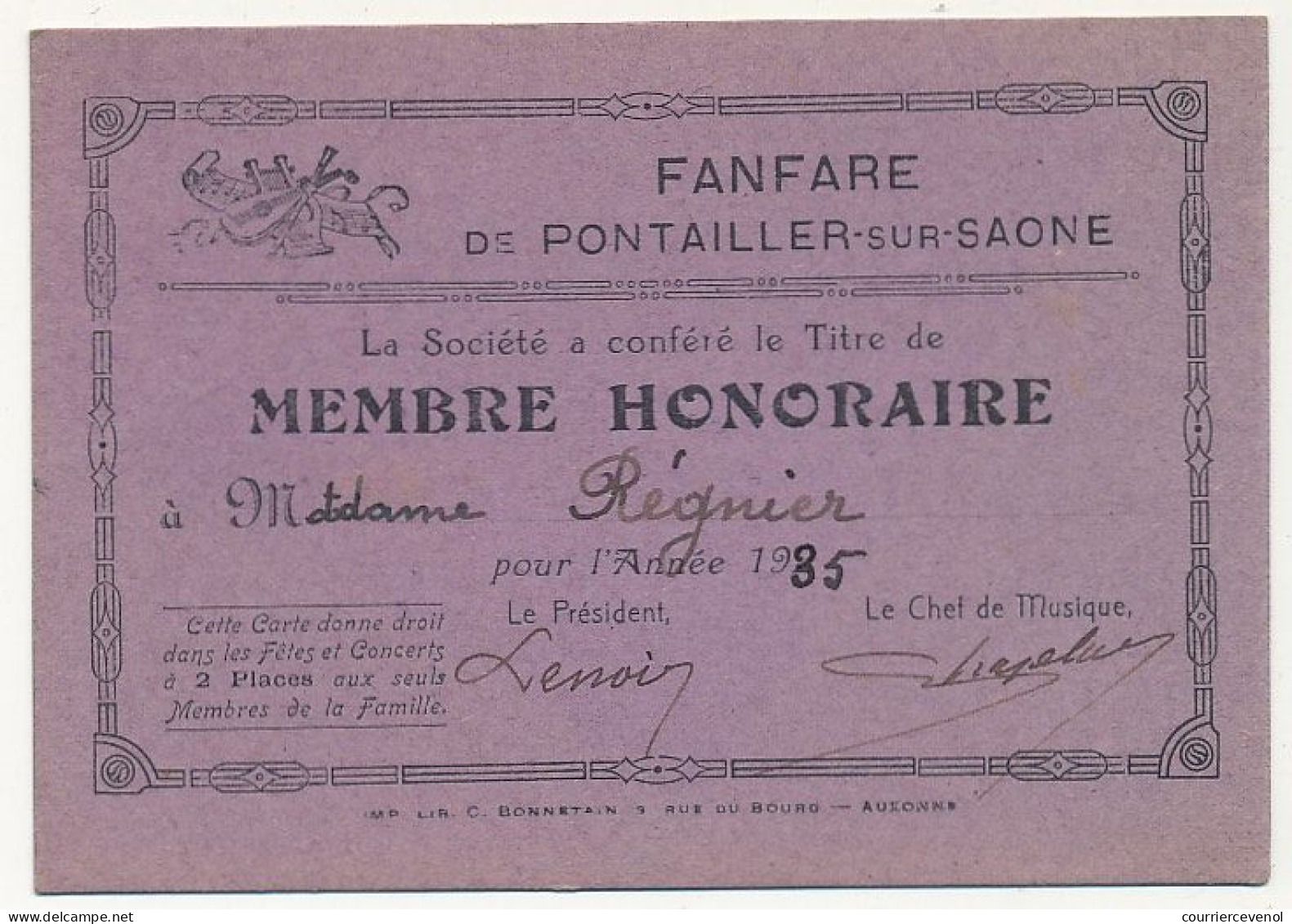 FRANCE - Carte De Membre Honoraire - Fanfare De Pontailler-sur-Saône - 1985 - Mitgliedskarten