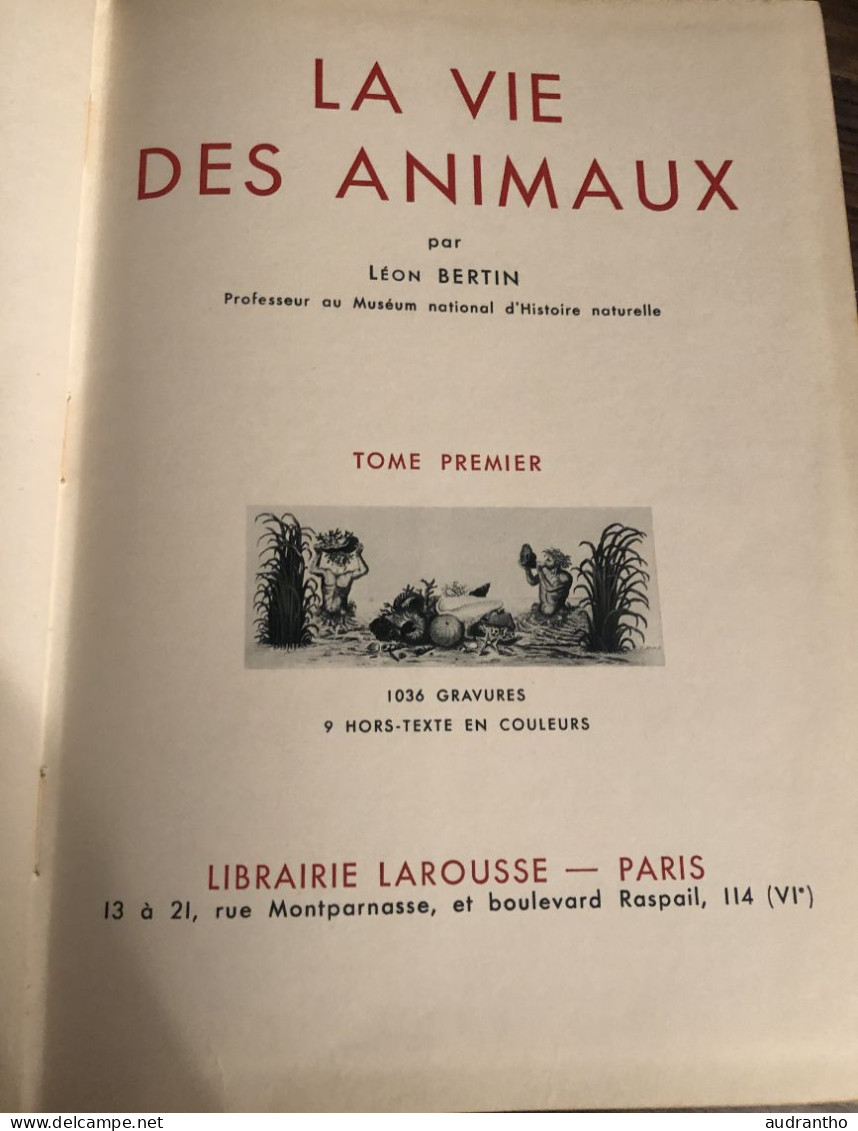 LA VIE DES ANIMAUX Par L. Bertin Professeur Musée Histoire Naturelle Tome 1 Larousse 1949 1036 Gravures 9 En Couleur - Enzyklopädien
