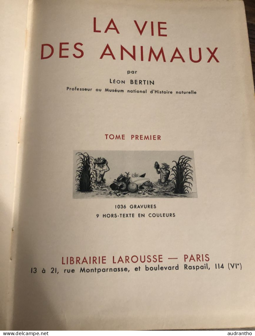 LA VIE DES ANIMAUX Par L. Bertin Professeur Musée Histoire Naturelle Tome 1 Larousse 1949 1036 Gravures 9 En Couleur - Encyclopédies