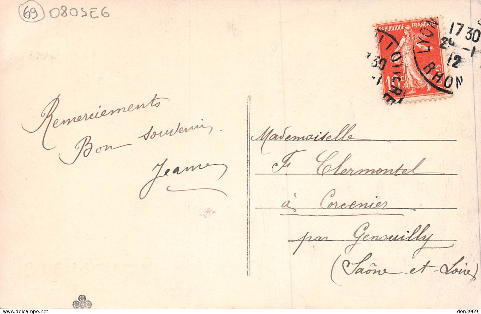 Un Baiser De BRIGNAIS (Rhône) - Voyagé 1912 (2 Scans) Mlle F. Clermontel à Corcenier Par Genouilly Saône-et-Loire 71 - Brignais