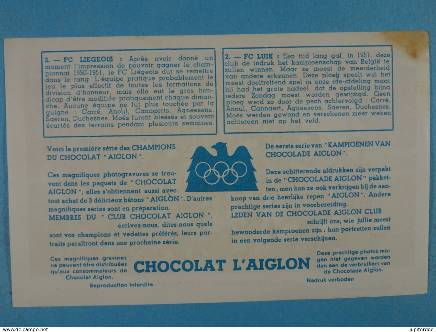 Lot De 6 équipes Belges De D1 Dans Les Années 50 (quelques Joueurs Cités à L'arrière) - Aiglon