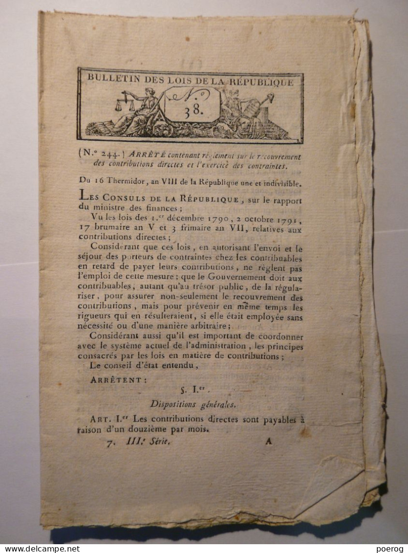 BULLETIN DES LOIS THERMIDOR AN VIII - AOUT 1800 - PONT DE VAUX MONUMENT GENERAL JOUBERT - RECOUVERMENT CONTRIBUTIONS ... - Gesetze & Erlasse