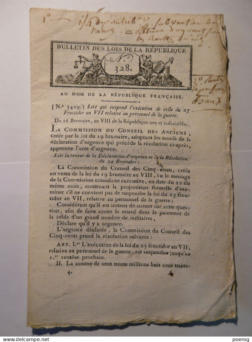 BULLETIN DE LOIS De 1799 - PERSONNEL DE LA GUERRE - EMPRUNT GUERRE - RENTES ET PENSIONS 2nd SEMESTRE AN VII - Decrees & Laws