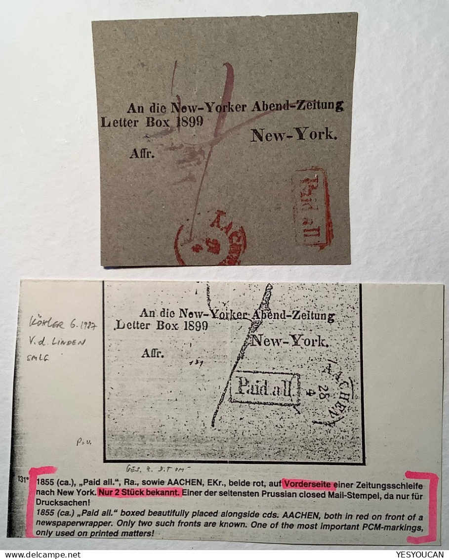 Preussen ~1855: PAID ALL + AACHEN Transitstempel RARITÄT Transatlantic Mail Drucksache>New York USA (PCM Postvertrag - Covers & Documents