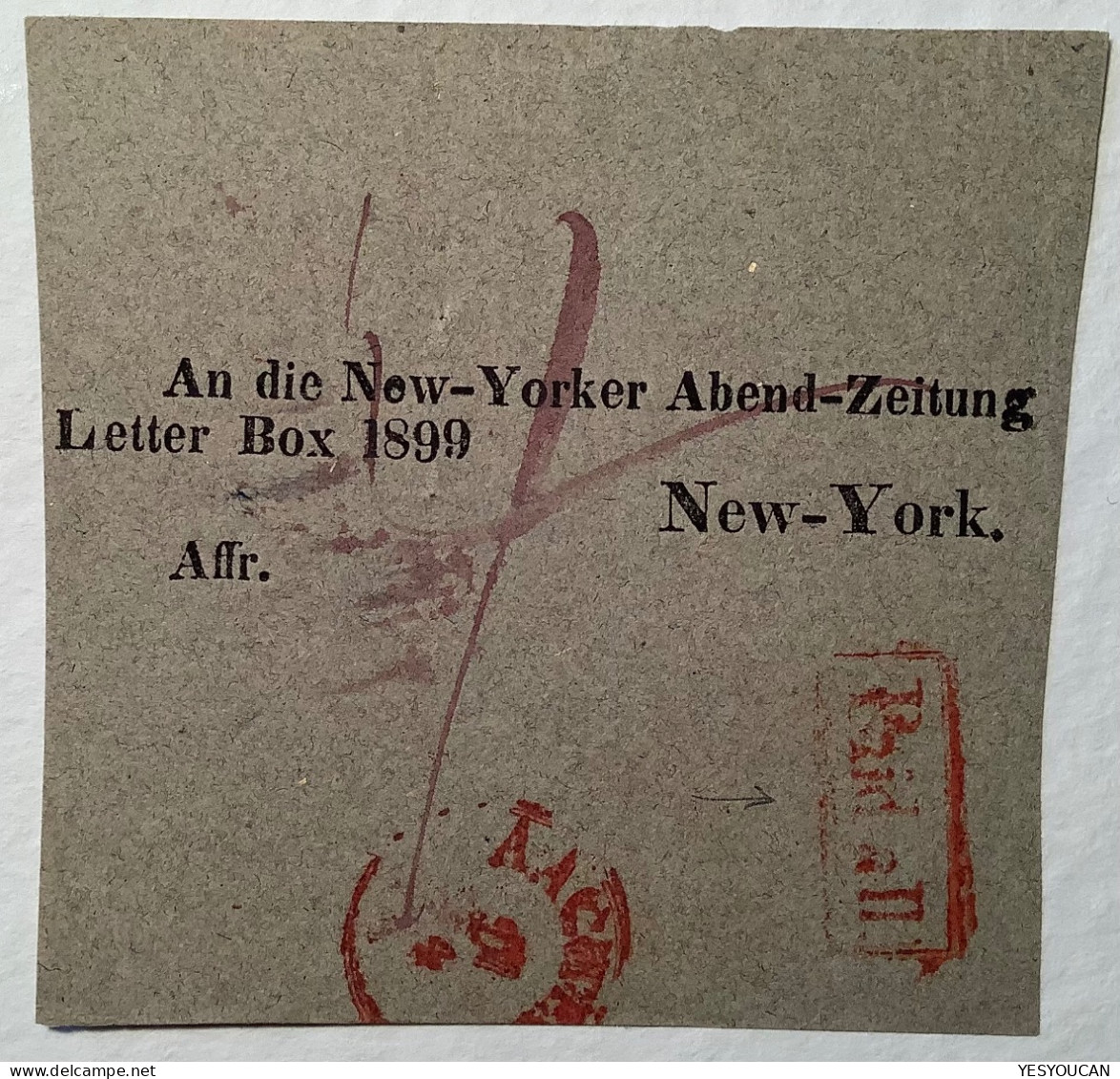 Preussen ~1855: PAID ALL + AACHEN Transitstempel RARITÄT Transatlantic Mail Drucksache>New York USA (PCM Postvertrag - Covers & Documents