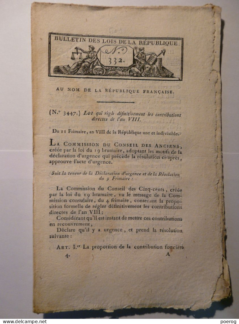 BULLETIN DE LOIS De 1799 - CONTRIBUTIONS DIRECTES AN VIII - PENSIONS MILITAIRES ET INVALIDES 2nd SEMESTRE AN VII - Décrets & Lois