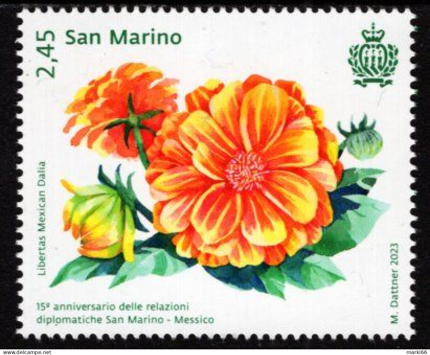 San Marino - 2023 - Dalia Flower - 15 Years Of Diplomatic Relations With Mexico - Mint Stamp - Nuevos