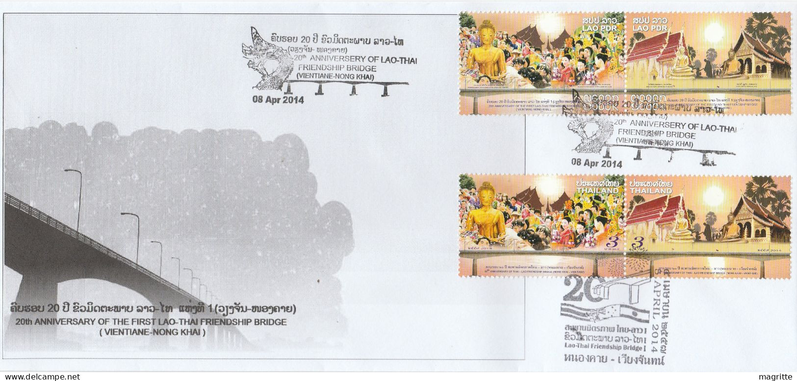 Laos Thailande 2014 Emission Commune FDC Mixte Pont Lao Thailand Joint Issue Friendship Bridge Mixed FDC - Joint Issues