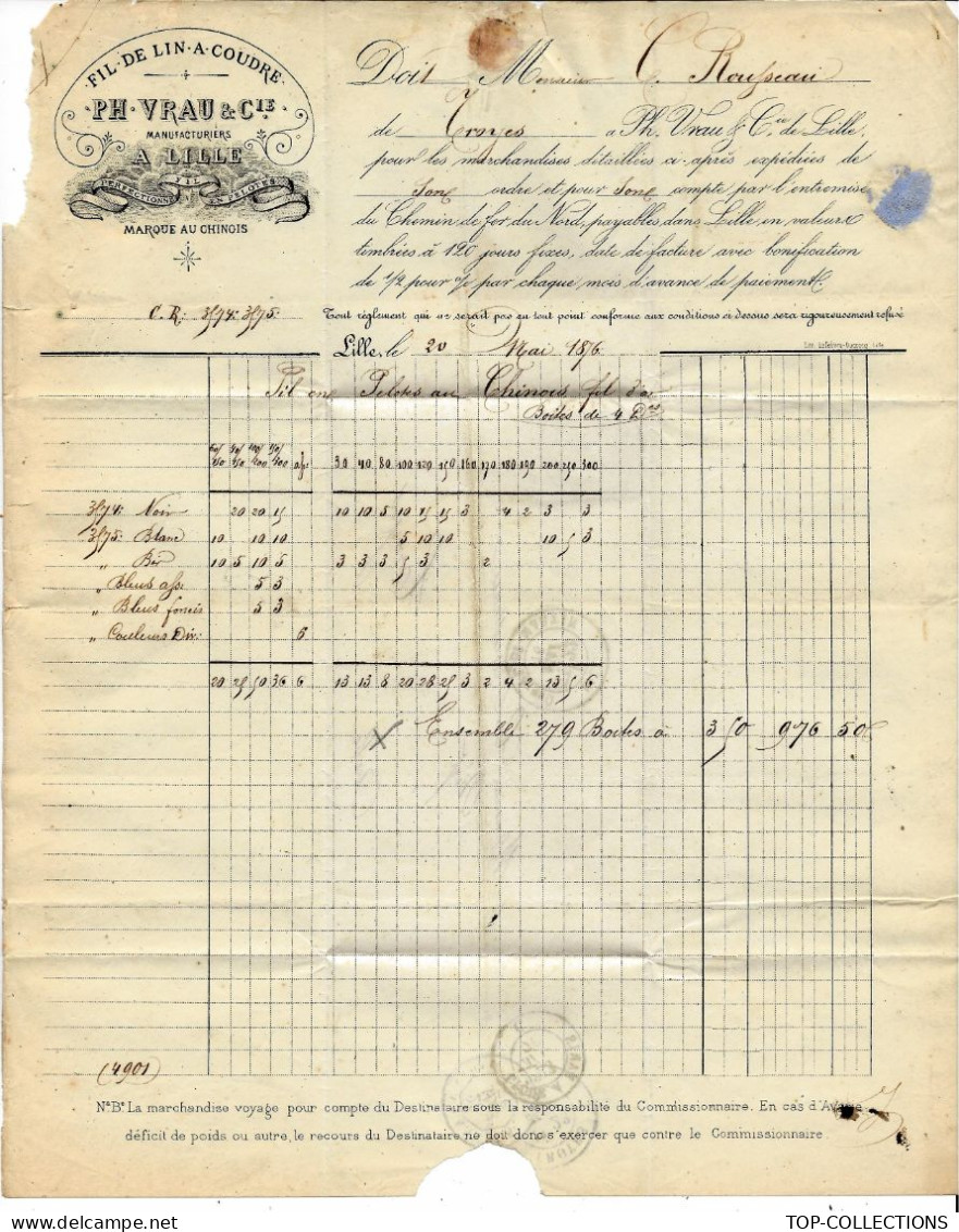 1876  ENTETE FIL LIN à COUDRE PH. VRIN Lille Nord V.HISTORIQUE  Pour Rouseau Négociant Troyes Aube V.HISTORIQUE - 1800 – 1899