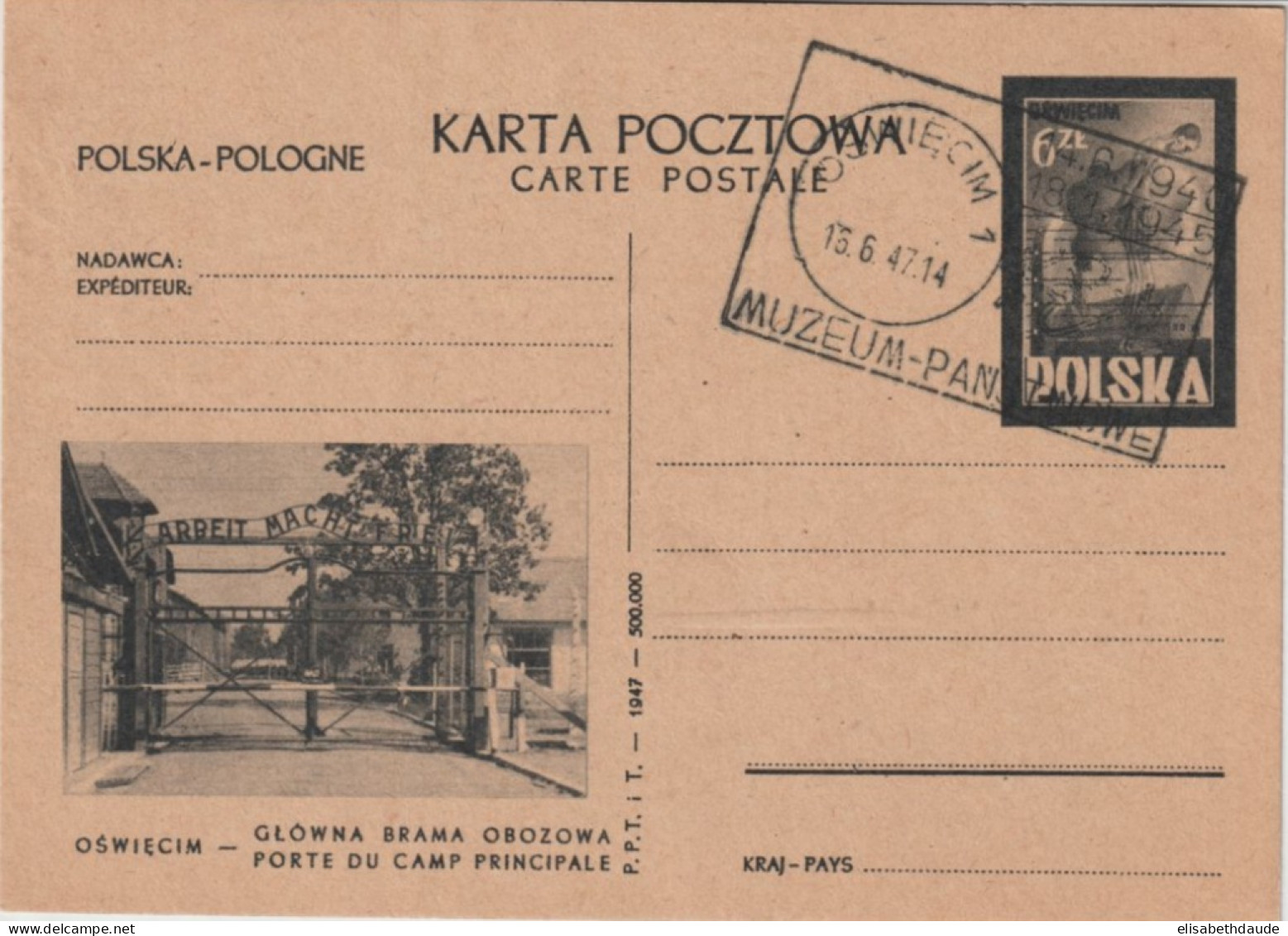 POLOGNE - 1947 - CP ENTIER ILLUSTREE CAMP De CONCENTRATION De AUSCHWITZ ! OBLITERATION SPECIALE ! - Postwaardestukken